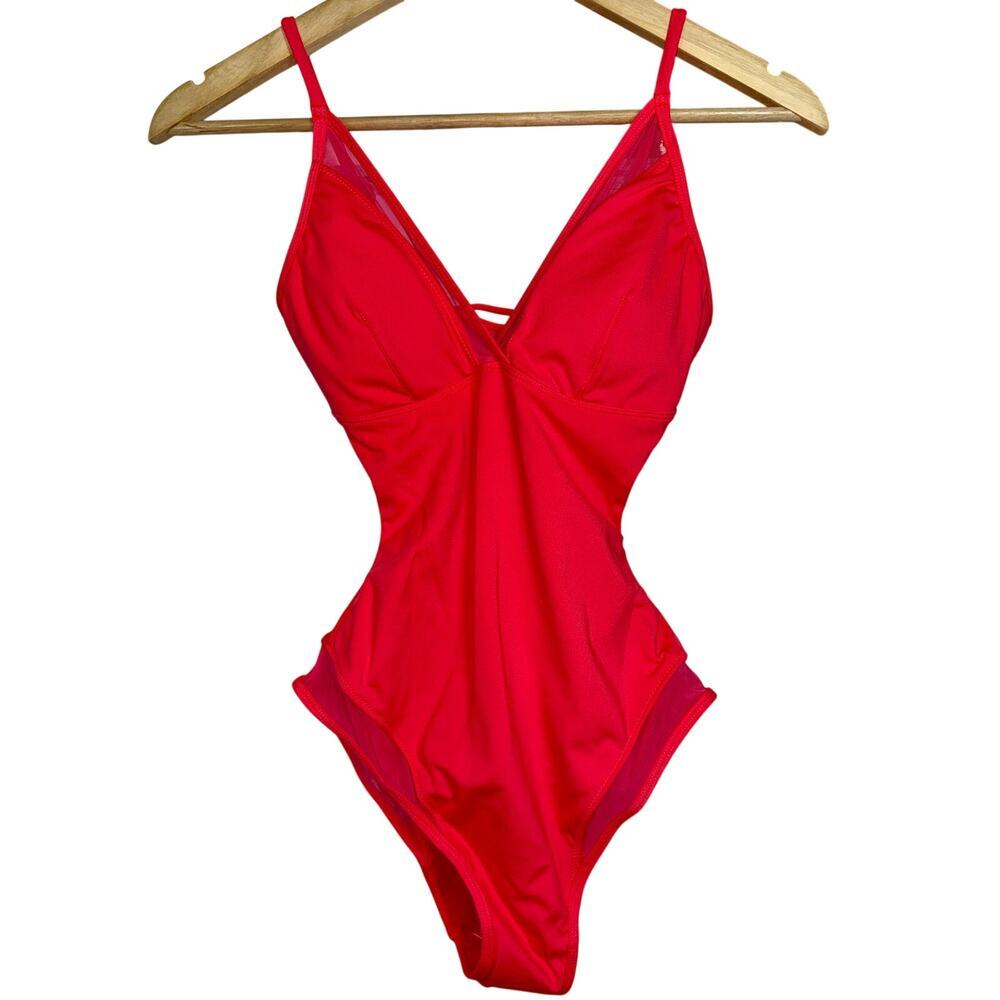 NWT TA3 Meshy Hot Coral Pink Lace Up Corset One Piece Swimsuit Size XS X-Long